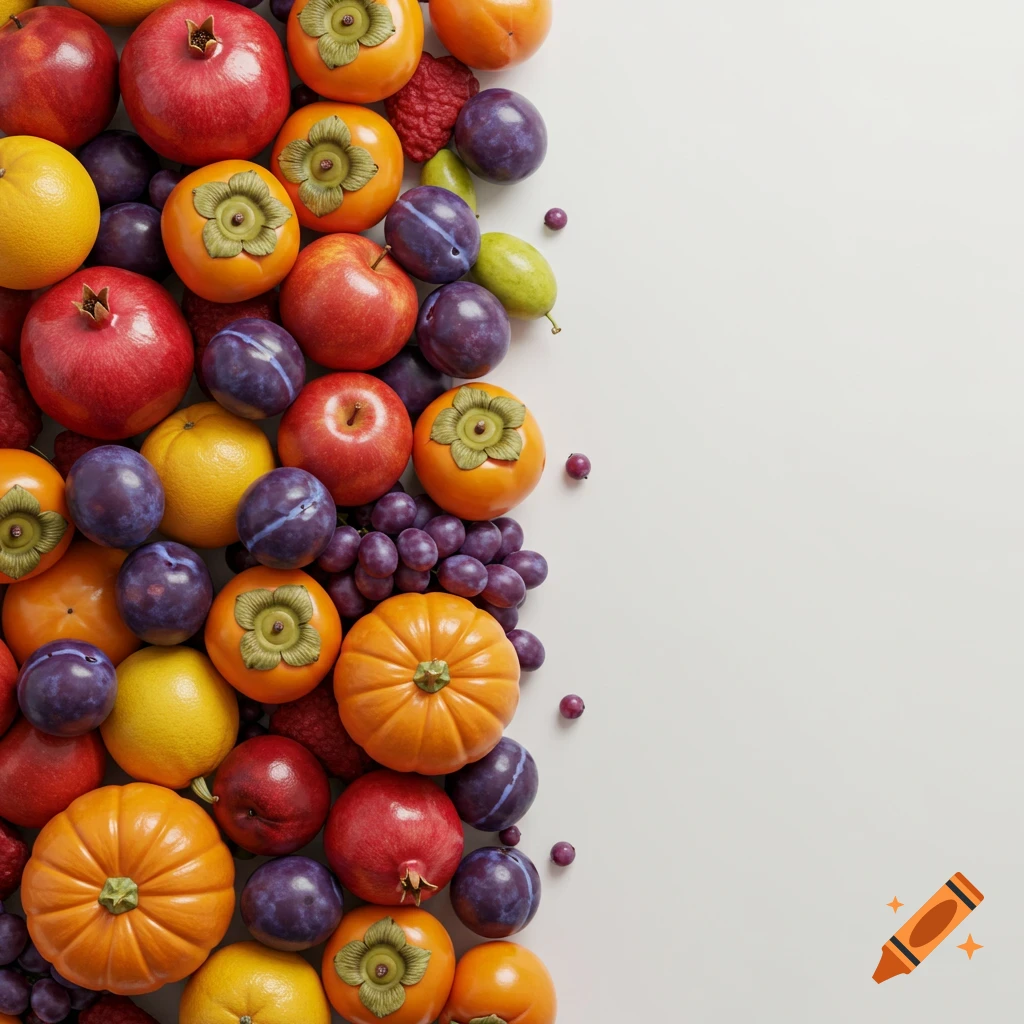 A photorealistic overhead view of a vibrant pile of fall fruits including pomegranates, persimmons, apples, plums, and grapes, on a white background.