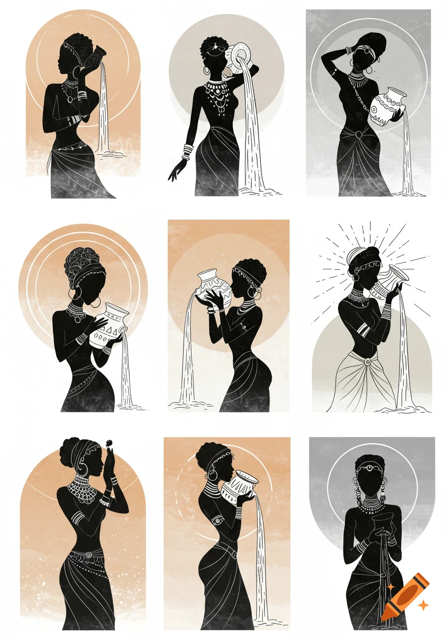 Nine minimalist silhouette illustrations of women, some with African features, depicted as Aquarius water bearers pouring water from pots.