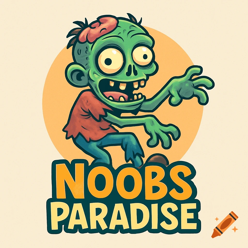 Cartoon zombie with an exposed brain reaching out, above 'NOOBS PARADISE' text on an orange circle background.