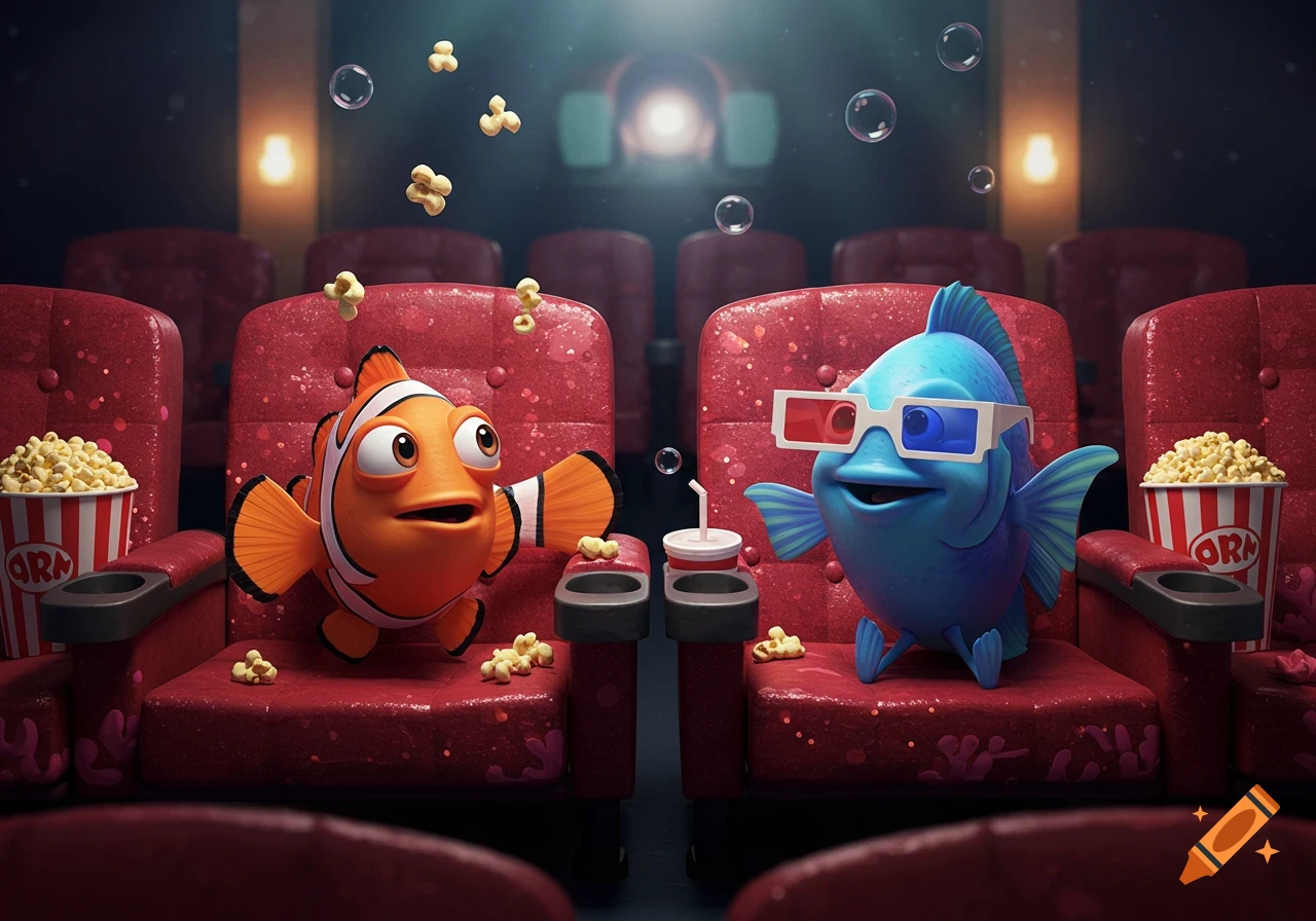 Cartoon clownfish and a blue fish in 3D glasses in a movie theater, with popcorn and bubbles.