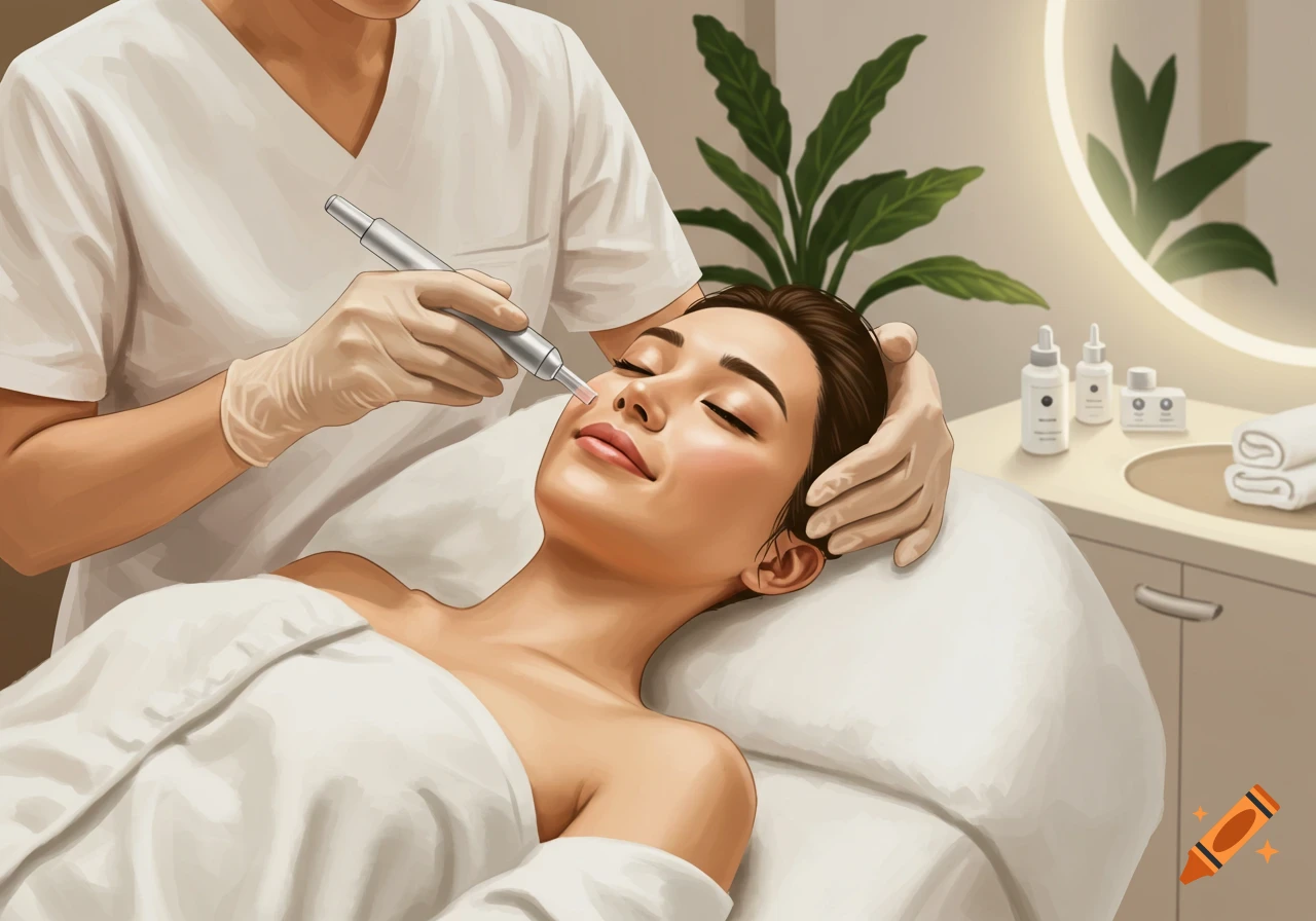 Illustration of an esthetician performing a microneedling facial treatment on a relaxed woman in a spa room.