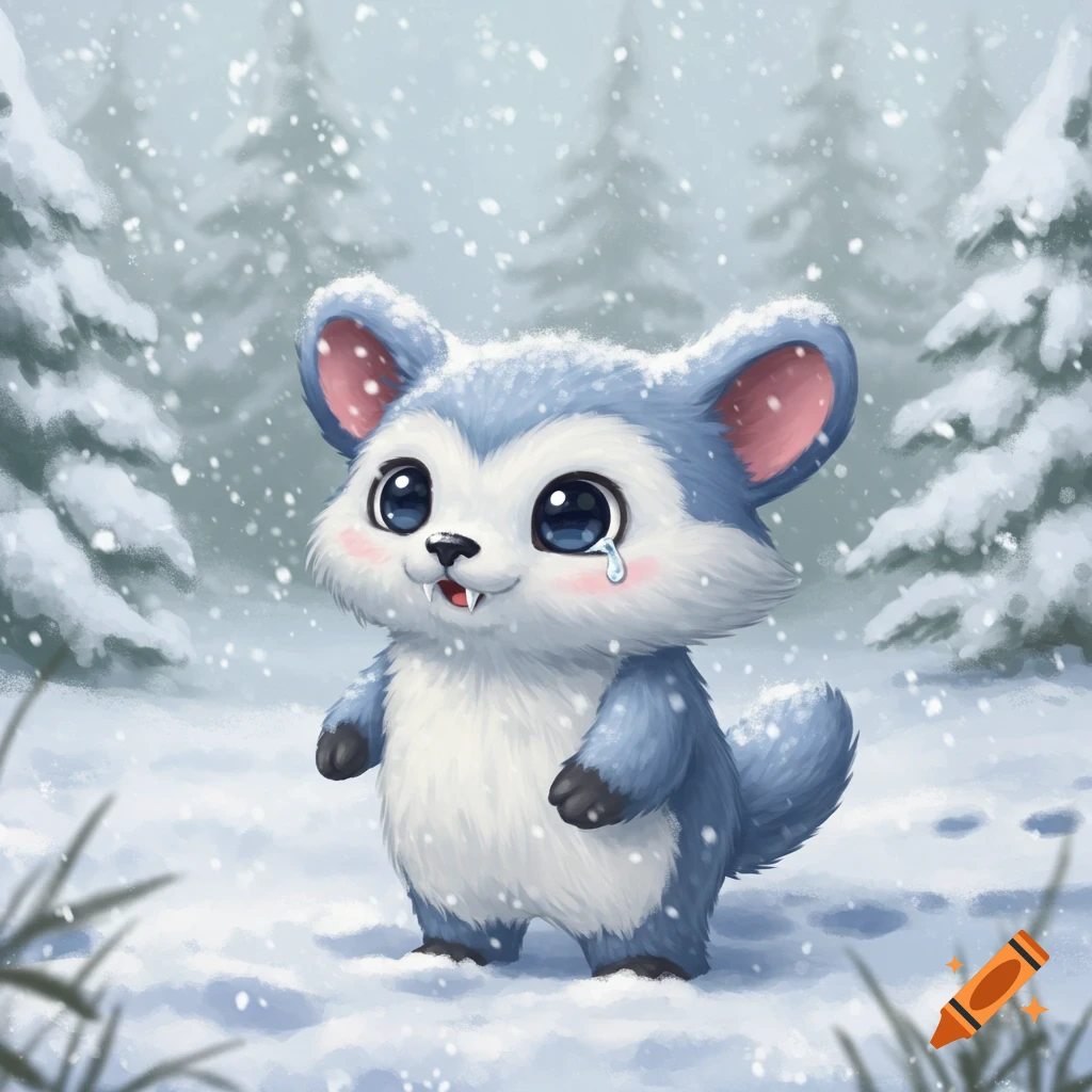 A cute, blue and white Cubchoo Pokémon with big eyes and a single tear, stands in a snowy forest as snowflakes fall.