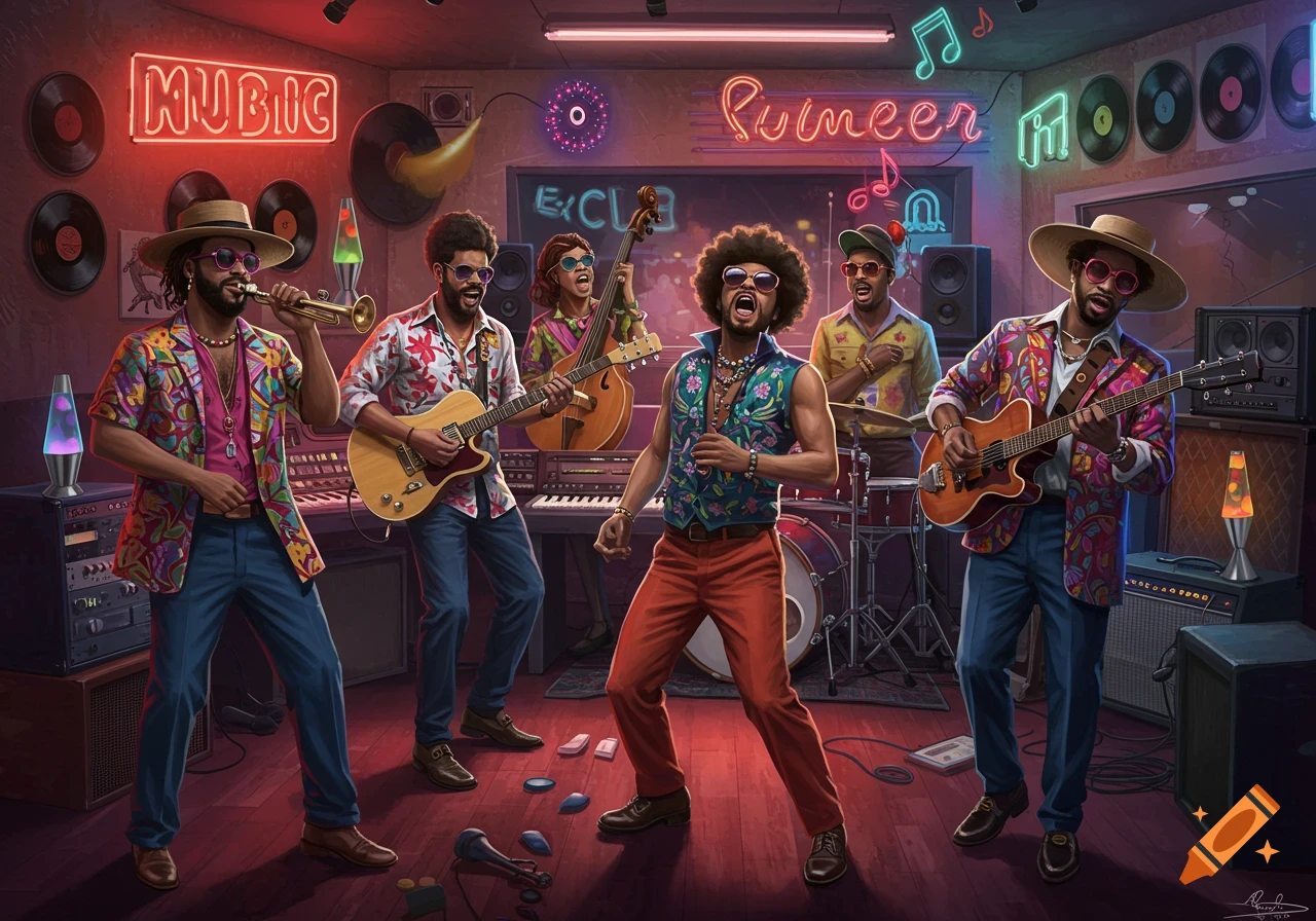 A funky band with six members playing instruments like guitars, bass, trumpet, and drums in a neon-lit music studio. The musicians wear colorful shirts and sunglasses.
