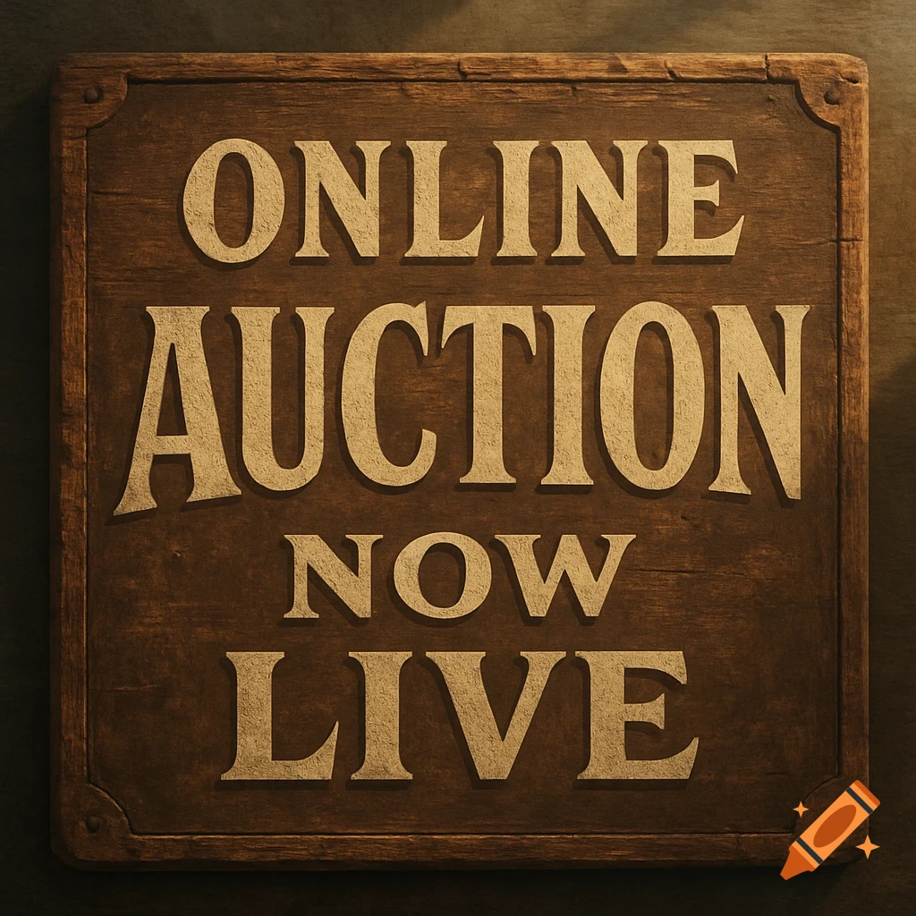 A vintage wooden sign reads 'Online Auction Now Live' in bold, weathered letters on a dark background.
