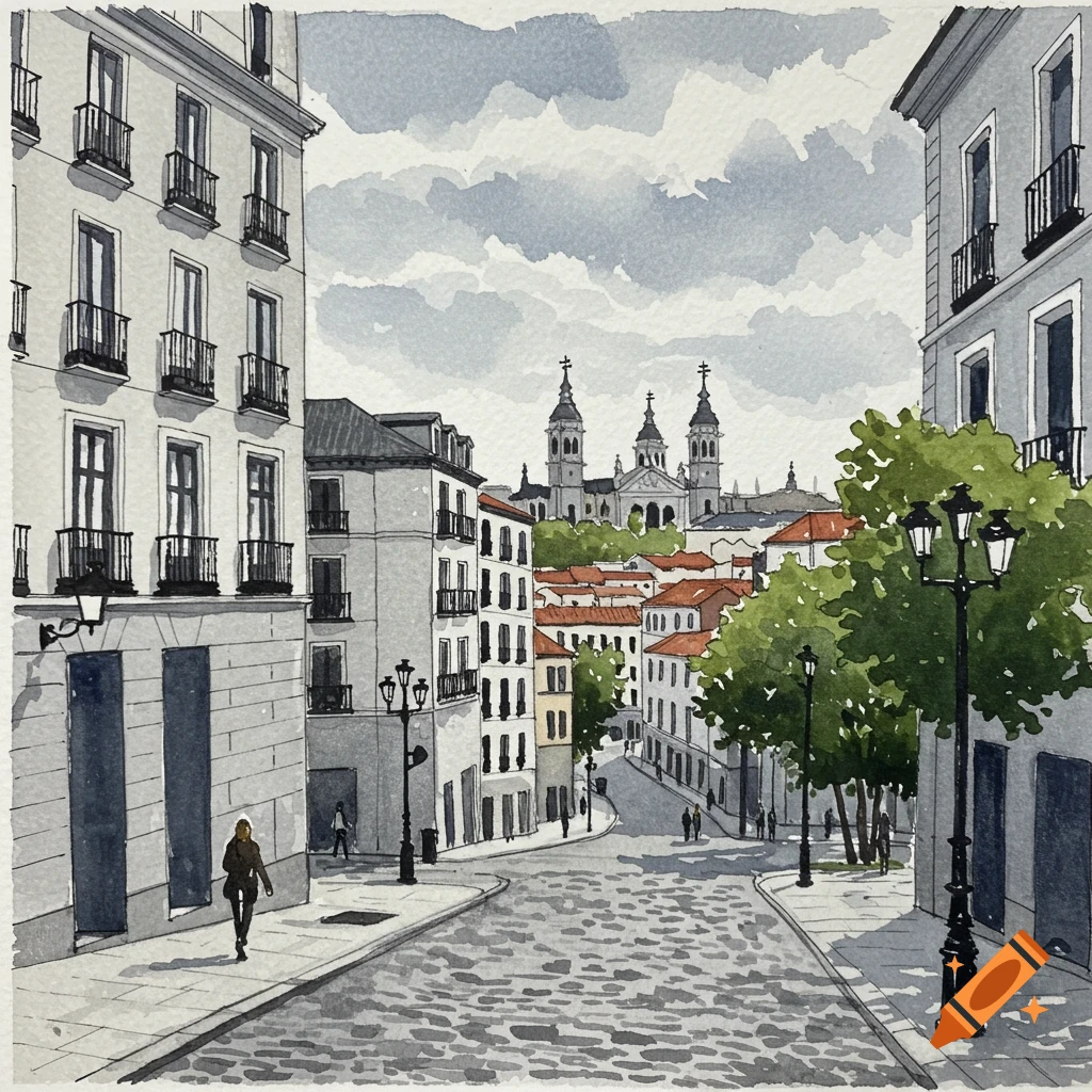 Watercolor painting of a curving cobblestone street lined with buildings and lampposts, leading to a distant cathedral on a hill under a cloudy sky.