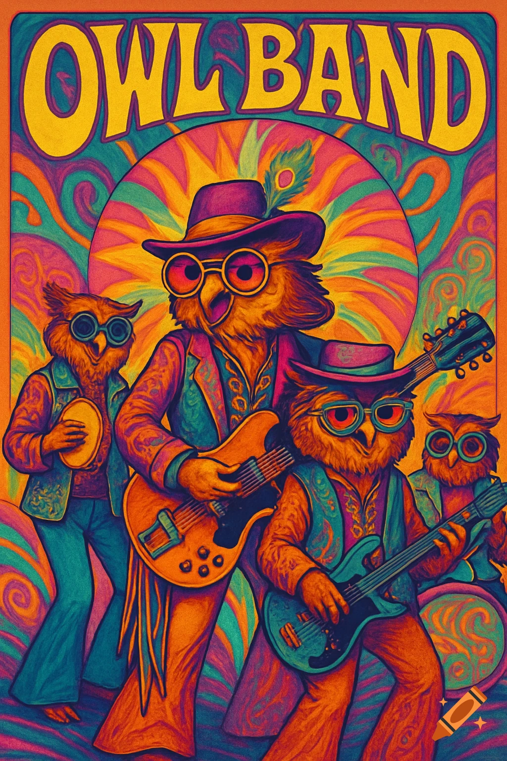 Psychedelic 70s style poster of an owl band playing guitars and tambourine against a vibrant, swirling background.