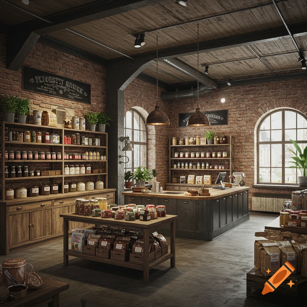 Industrial-chic loft-style store interior with brick walls, wooden shelves stocked with jars and bags, and a central counter.