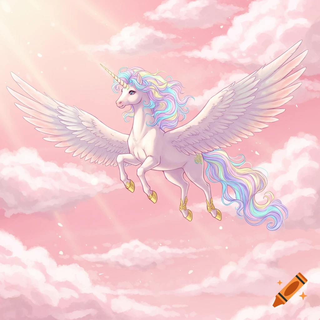 A majestic white unicorn with rainbow mane and tail flies through a pink cloudy sky, rendered in a manga art style.