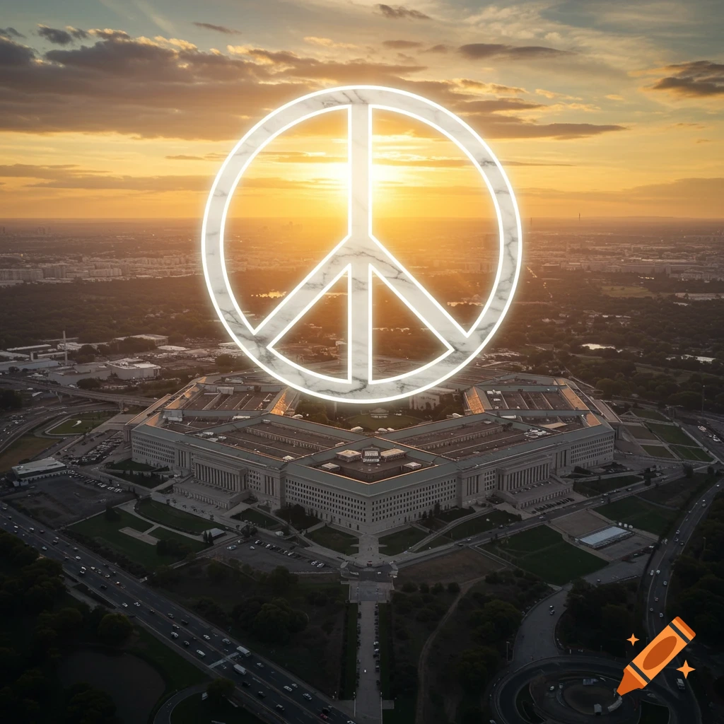 Aerial view of the Pentagon at sunset, with a large glowing marble-textured peace sign overlaid on the scene.