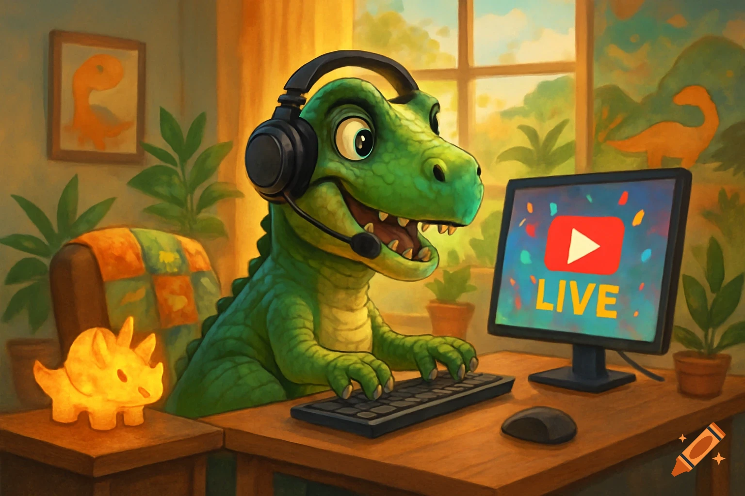 A cheerful green cartoon dinosaur in headphones types on a keyboard at a desk, looking at a monitor showing 'LIVE' and a YouTube logo.
