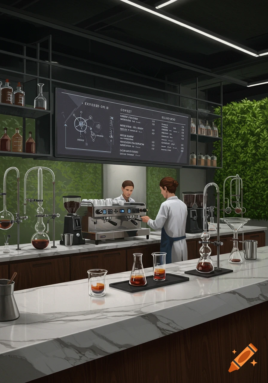 A high-end coffee shop with two baristas and scientific brewing equipment, featuring a sleek, modern design with marble counters and lush greenery.