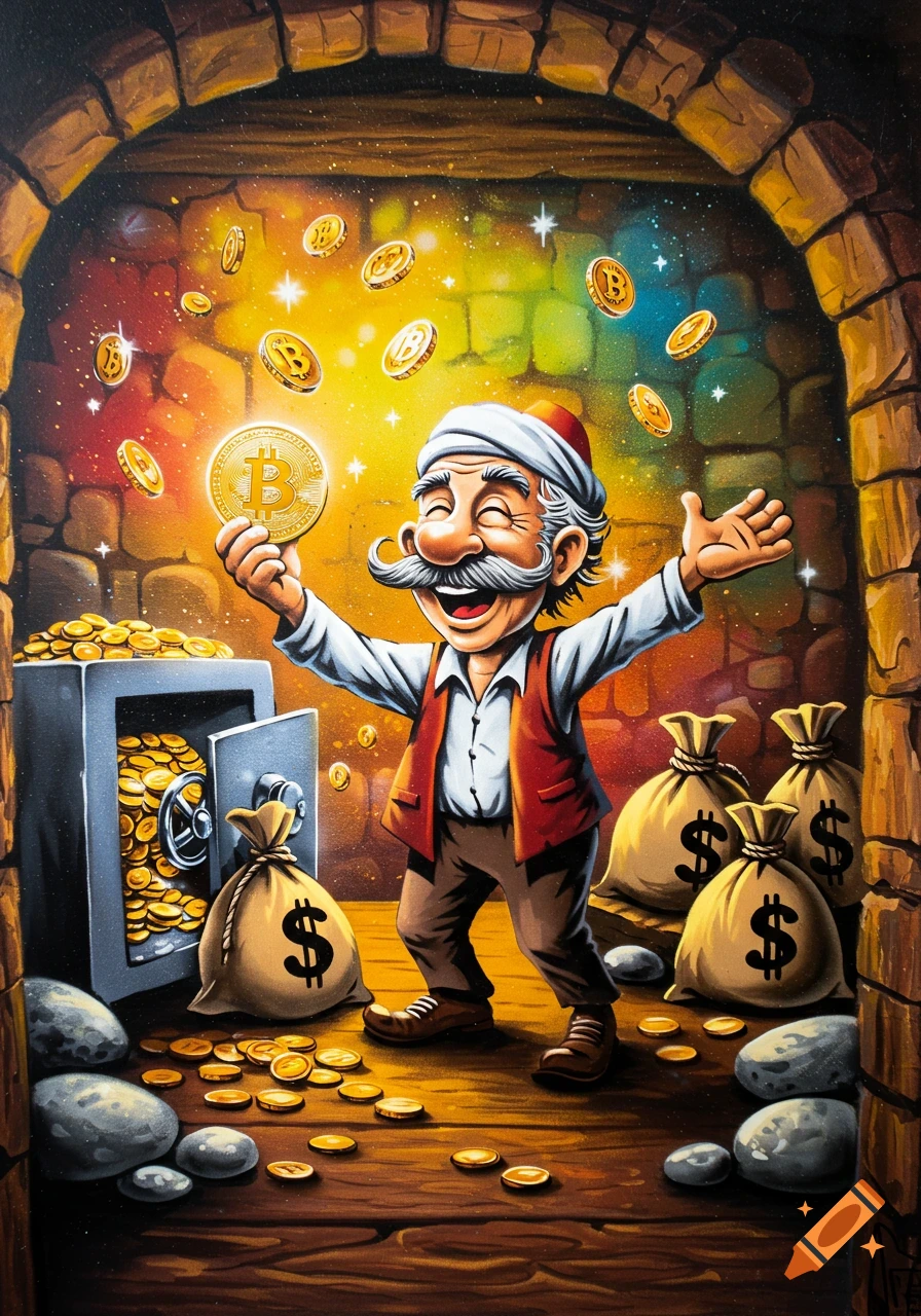 Vibrant cartoon of a happy old man in a cellar, holding a glowing Bitcoin, with a safe, money bags, and floating coins.