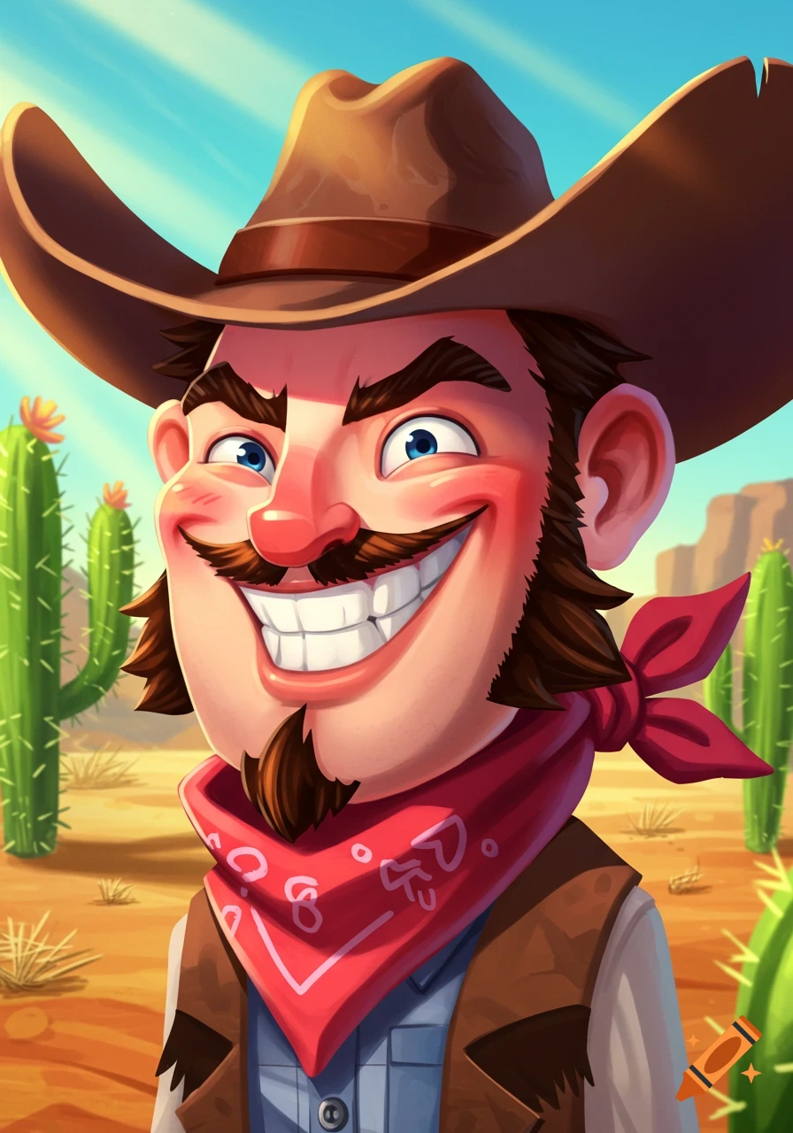 A cartoon cowboy bandit with a big grin, mustache, and bandana in a desert with cacti.