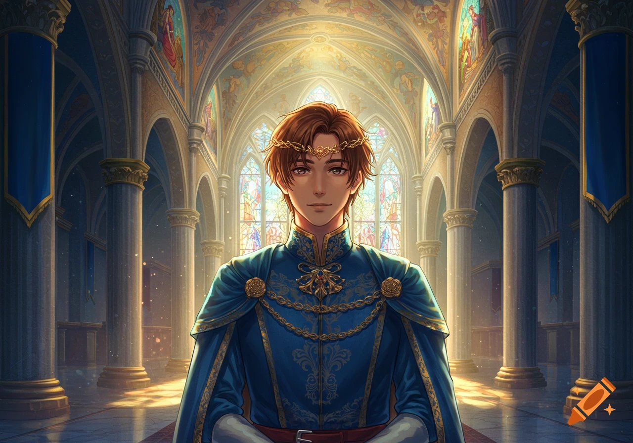 An anime-style young prince with brown hair and a gold circlet, dressed in blue, stands in a grand cathedral.