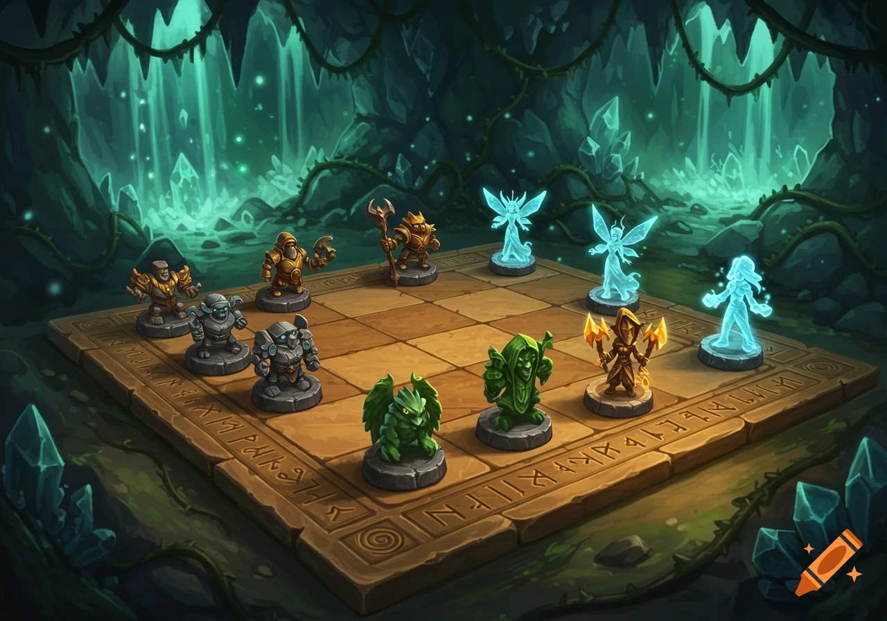 Fantasy-style checkerboard in a glowing cave, featuring stylized character pieces including warriors, golems, and ethereal figures.