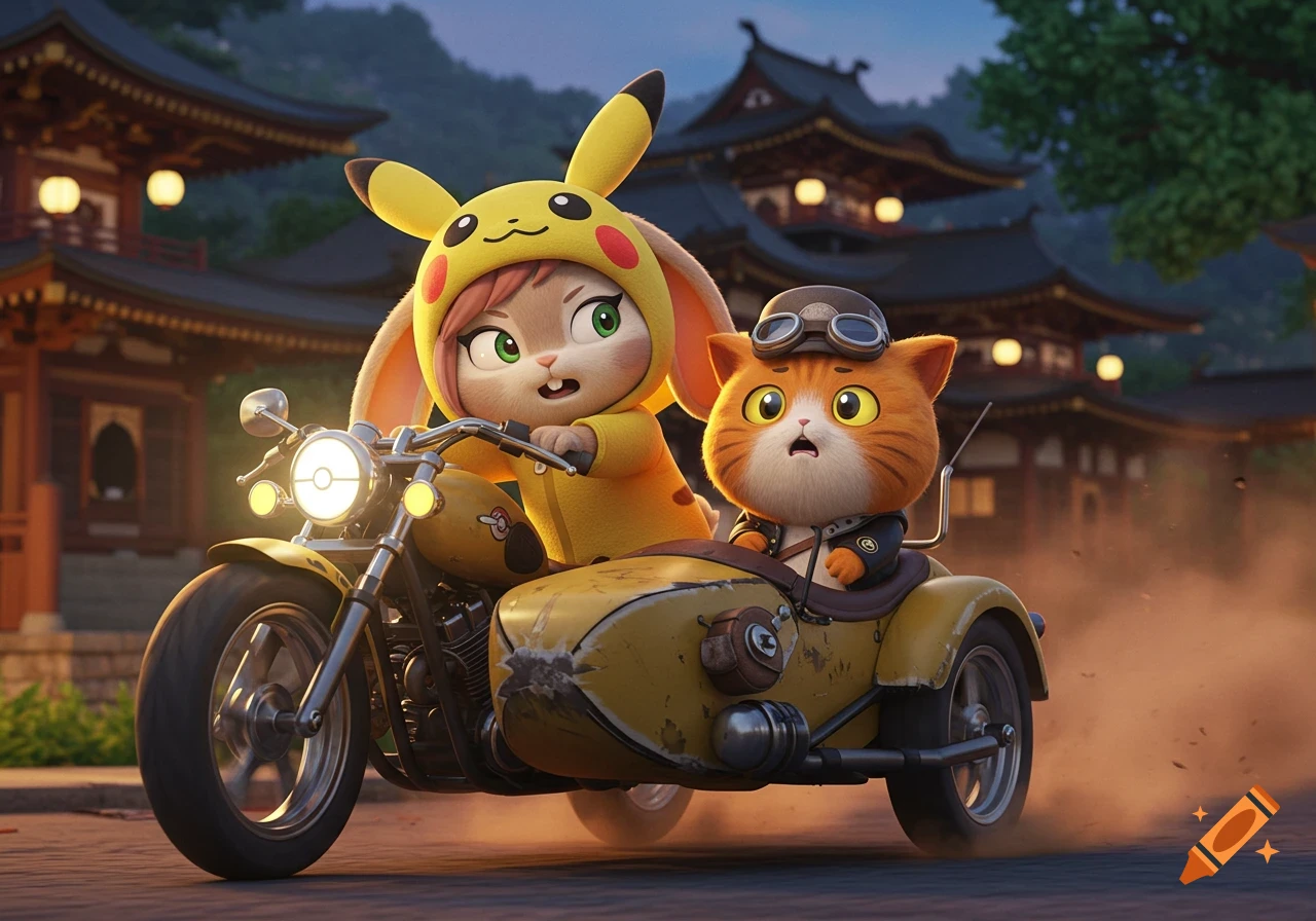 An anthropomorphic bunny in a Pikachu costume aggressively drives a yellow motorcycle with a sidecar, carrying a scared orange cat wearing a helmet and goggles. Japanese temples are in the background, 3D animation style.