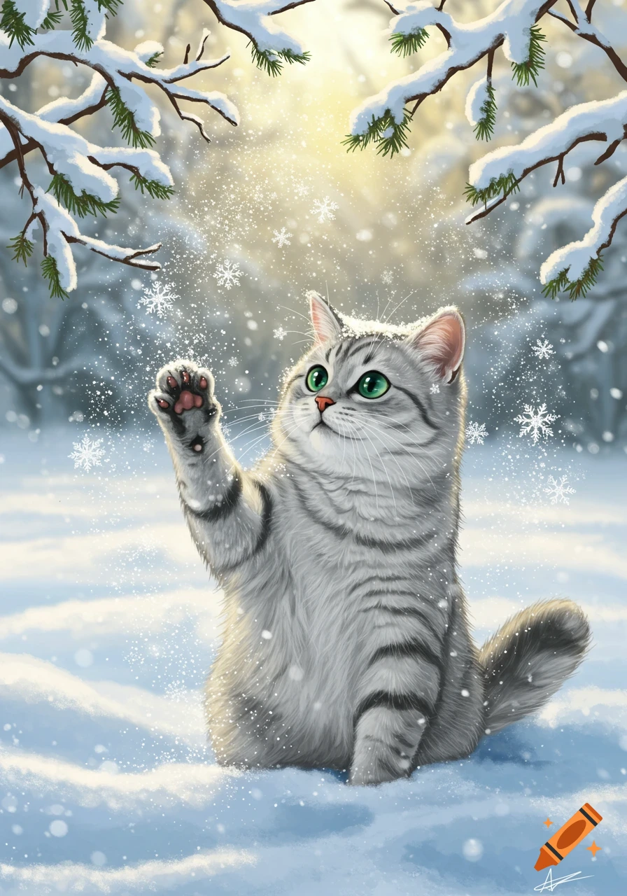 A fluffy grey tabby cat with bright green eyes sits in deep snow, playfully reaching up to catch falling snowflakes in a sunny winter forest, digital art.
