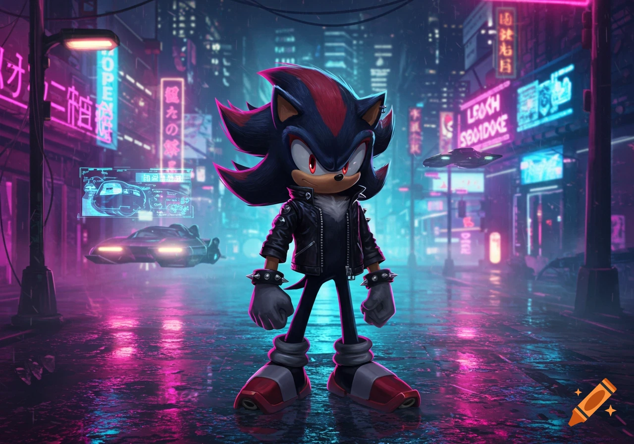 A black hedgehog character in a leather jacket and spiked bracelets stands on a wet, neon-lit cyberpunk street with flying vehicles.