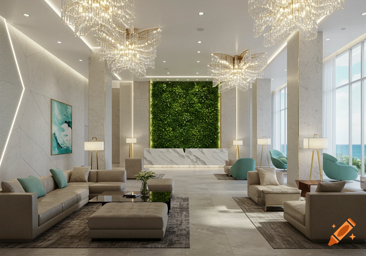 Photorealistic image of a modern luxury hotel lobby with a green wall, marble reception, ornate chandeliers, and ocean views.