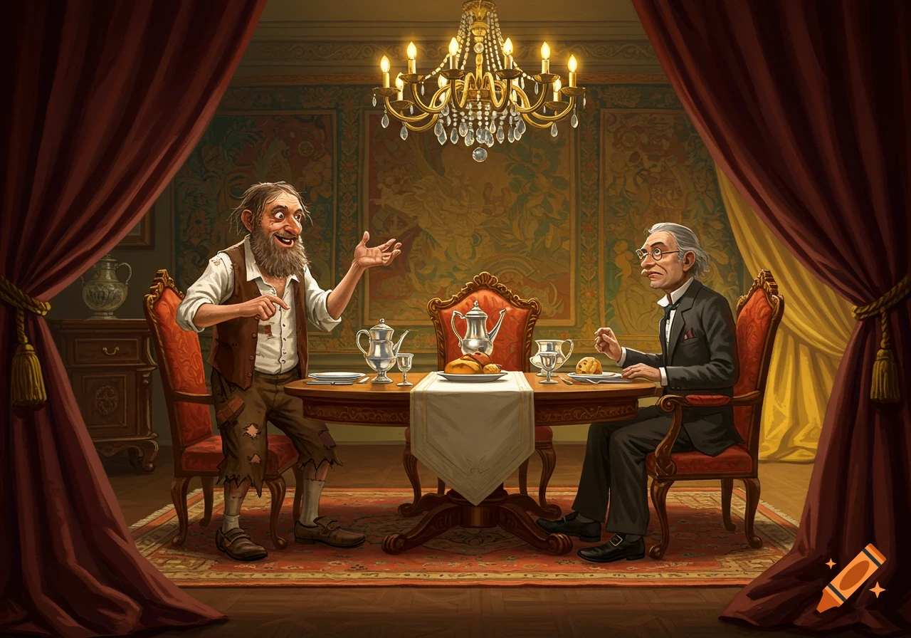 A vibrant illustration of a ragged, gesturing man standing opposite a well-dressed, seated man at a lavish dining table.