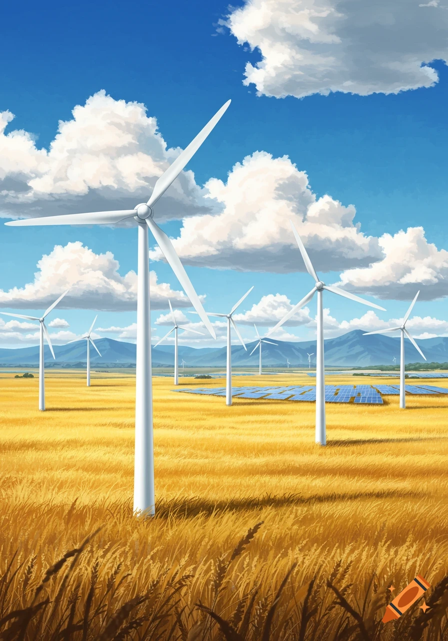 Multiple white wind turbines and blue solar panels stand in a golden field under a bright blue sky with clouds. Mountains are in the distance, in a digital art style.