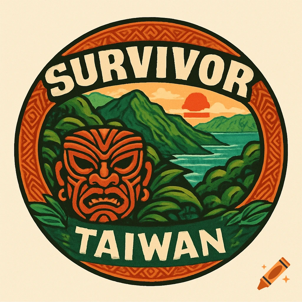 A circular logo for 'Survivor: Taiwan' featuring a red tribal mask, green mountains, a blue lake, and an orange sunset, with a decorative border.