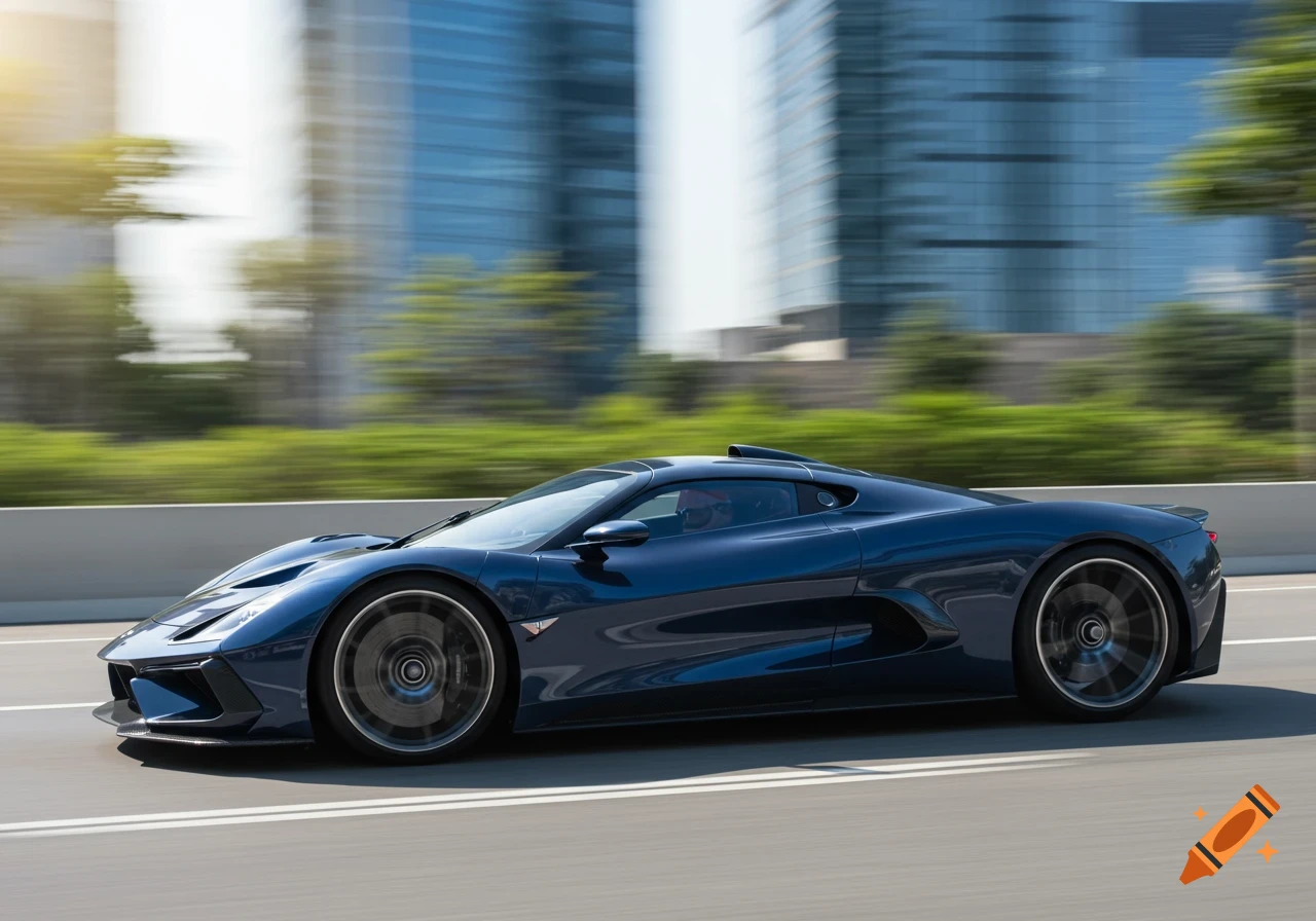 A sleek, dark blue sports car drives quickly on a multilane highway, with blurred modern city buildings and trees in the background.