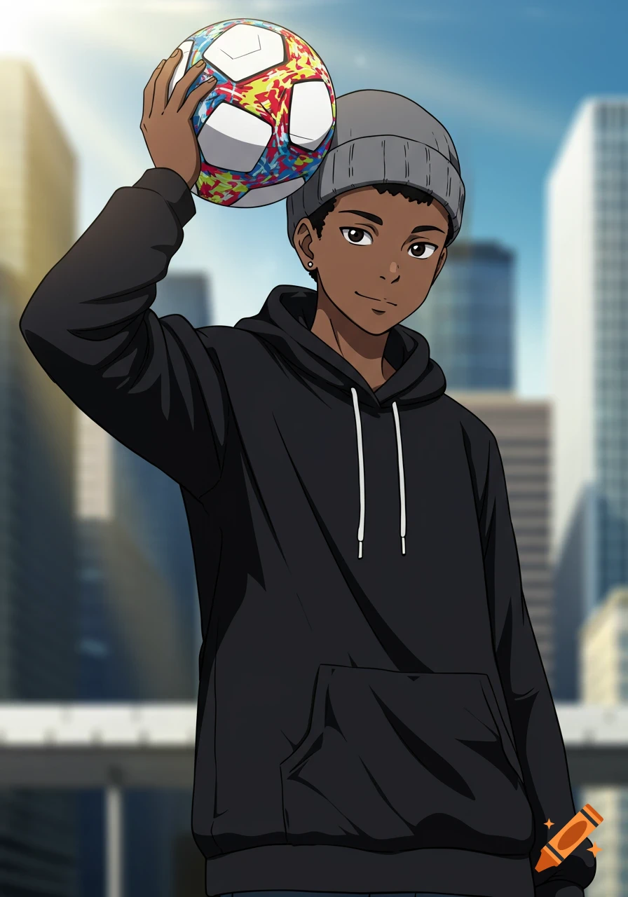 Anime-style black boy in a gray beanie and black hoodie holding a colorful soccer ball above his head with a blurred city background.