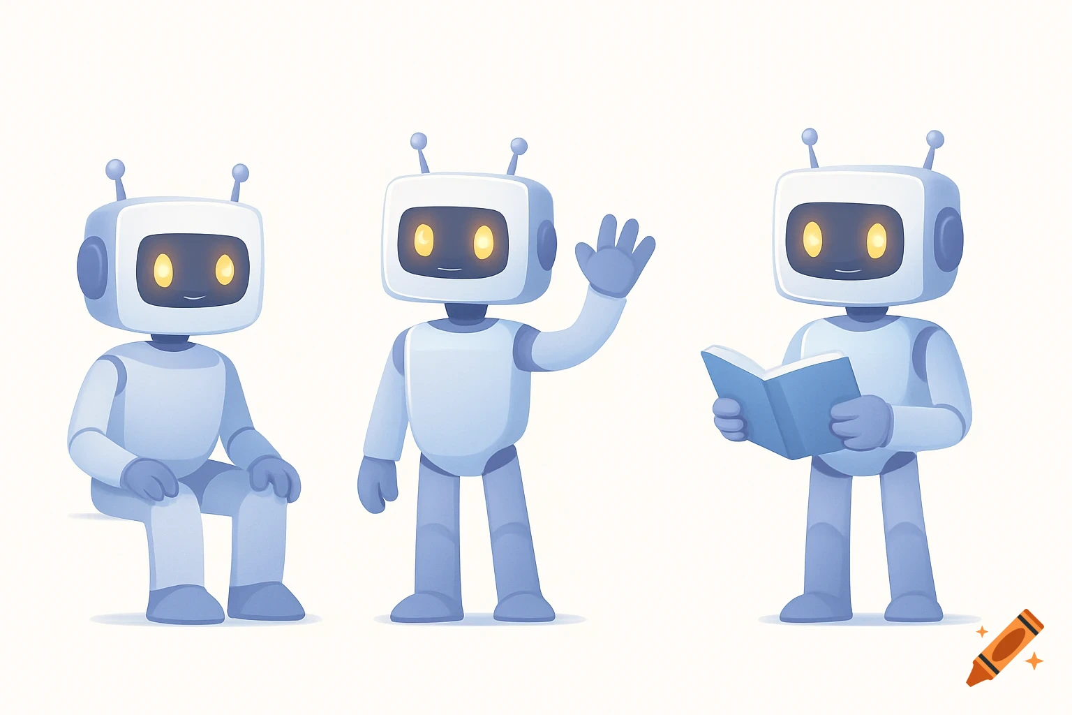 Three friendly white robots in different poses (sitting, waving, reading) with glowing yellow eyes, in a flat vector style.
