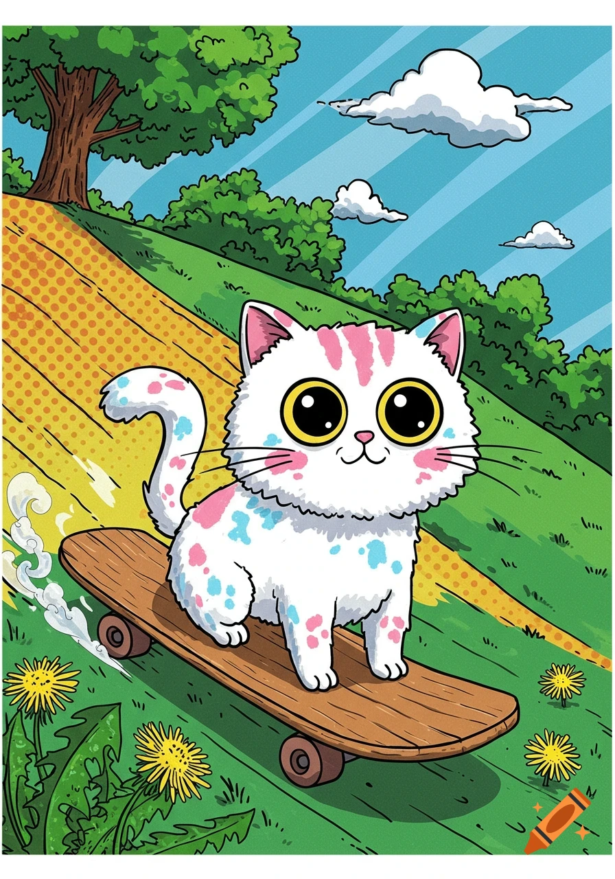 A cute white cartoon cat with pink and blue spots rides a skateboard down a grassy hill under a blue sky, in a comic book art style.