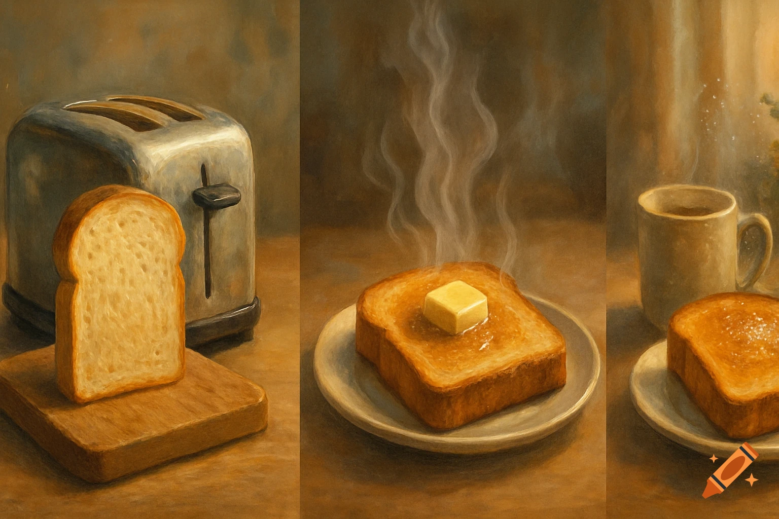A three-panel painting depicts the steps to make toast: raw bread by a toaster, steaming buttered toast, and another toast with a mug.