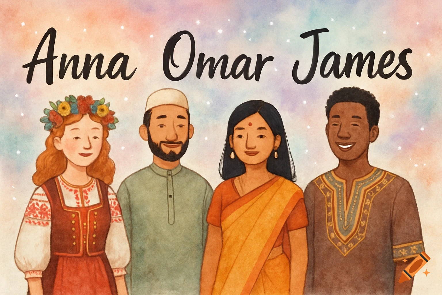 Watercolor illustration of four diverse cartoon people with names Anna, Omar, James above them on a pastel background.