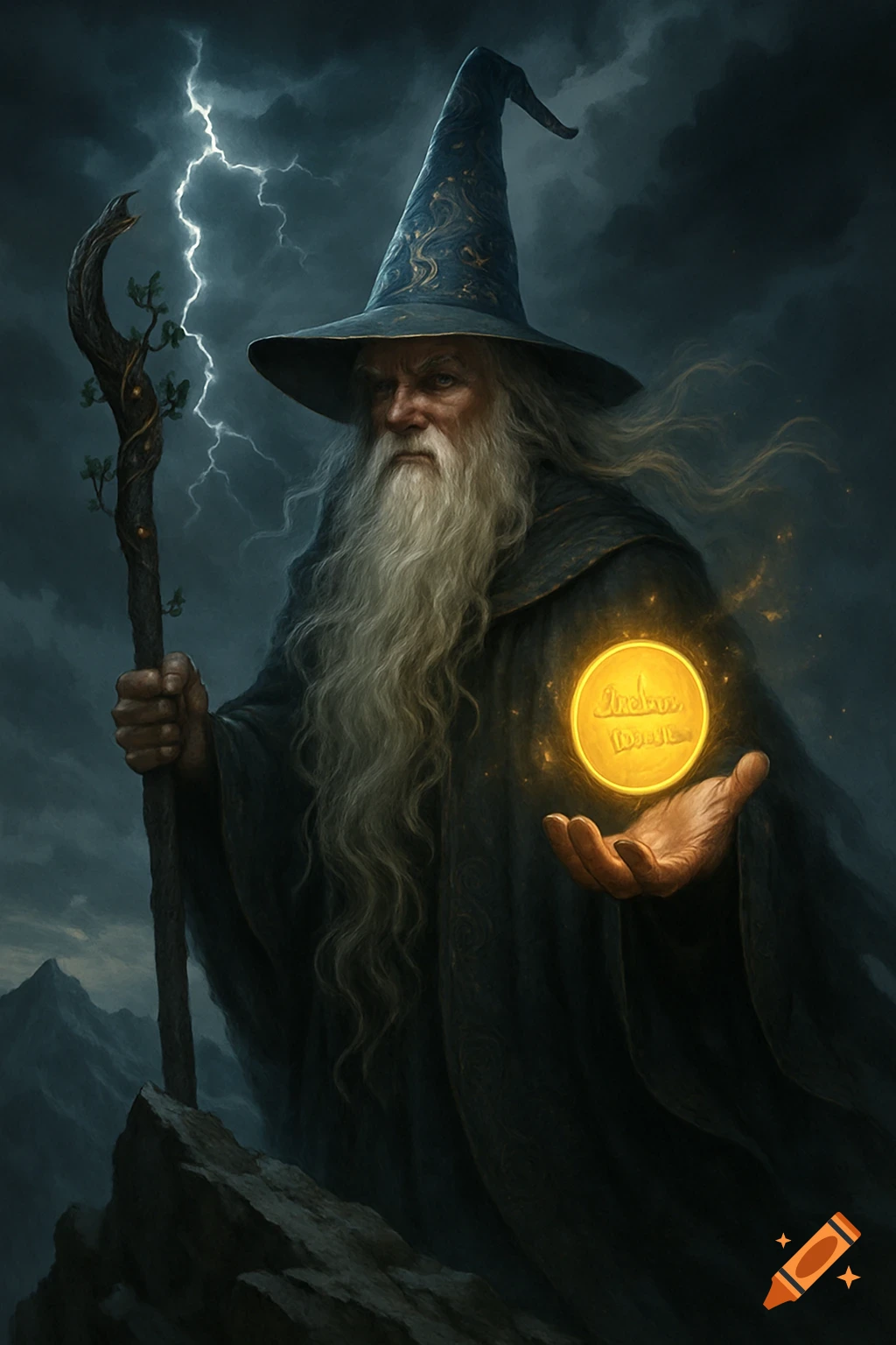 A powerful wizard with a long white beard and pointed hat stands on a stormy mountain peak, holding a staff and a glowing gold coin.