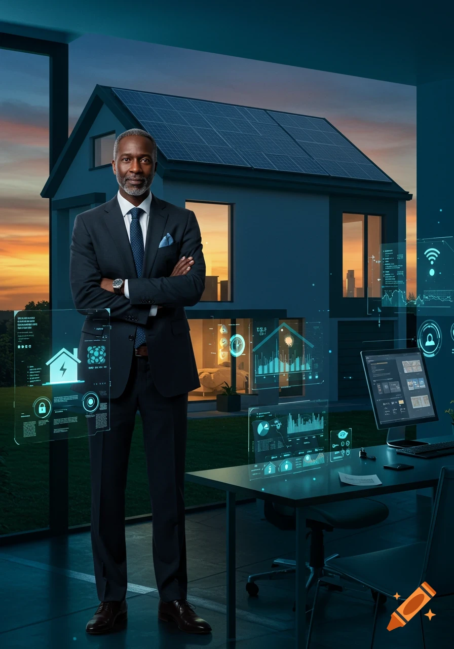 A confident man in a suit stands before a modern smart home with solar panels and holographic data displays at sunset, symbolizing energy efficiency and control.