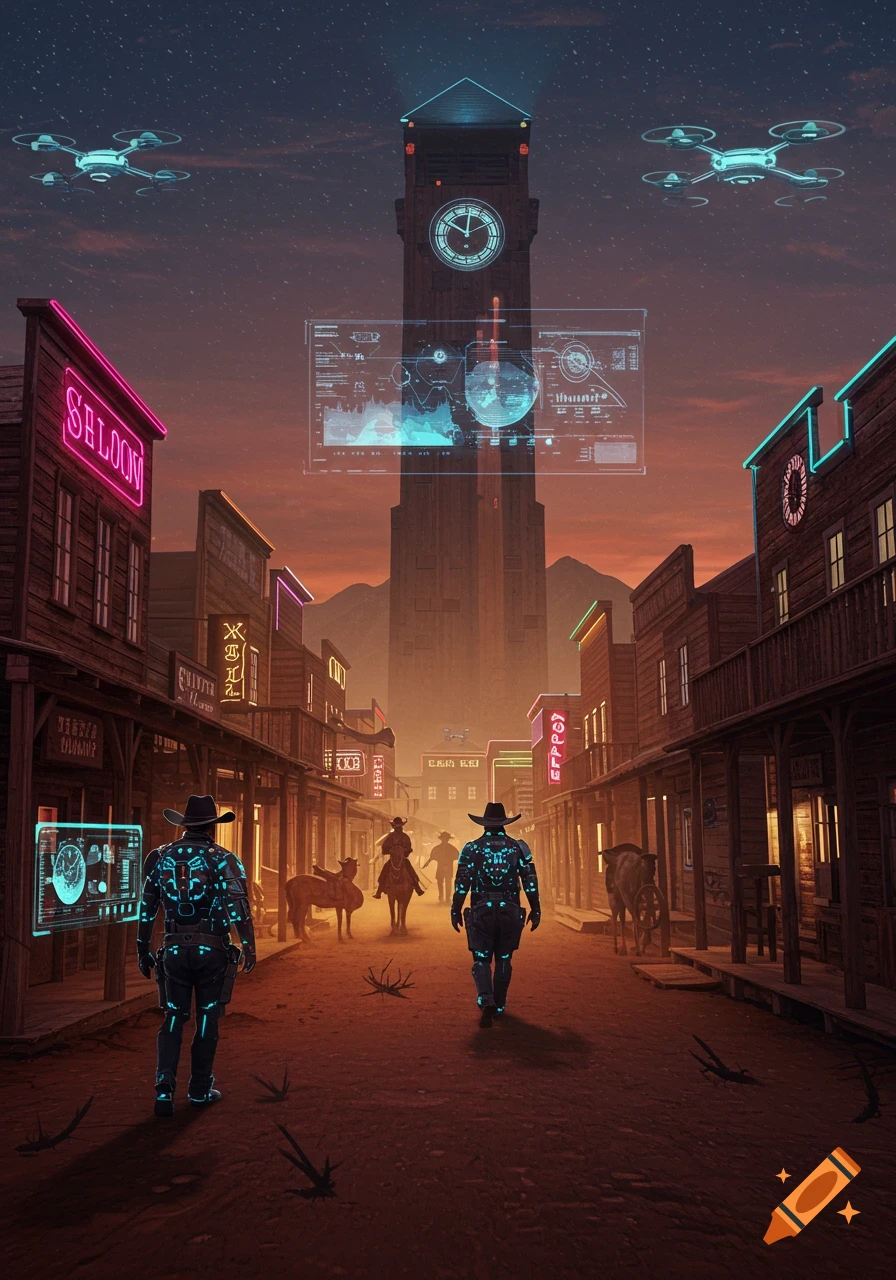 A futuristic Wild West town at sunset, with cybernetic cowboys walking down a dusty street flanked by neon-lit wooden buildings. Drones hover above a tall clock tower displaying holographic data.