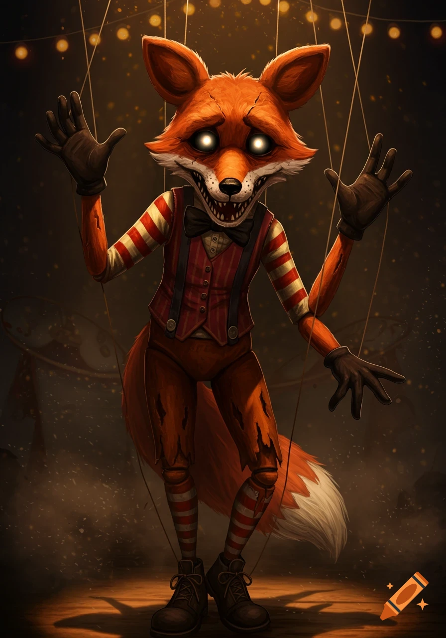 A creepy anthropomorphic fox marionette with glowing eyes, a cracked grin, and tattered clothes, suspended by strings under dim carnival lights.
