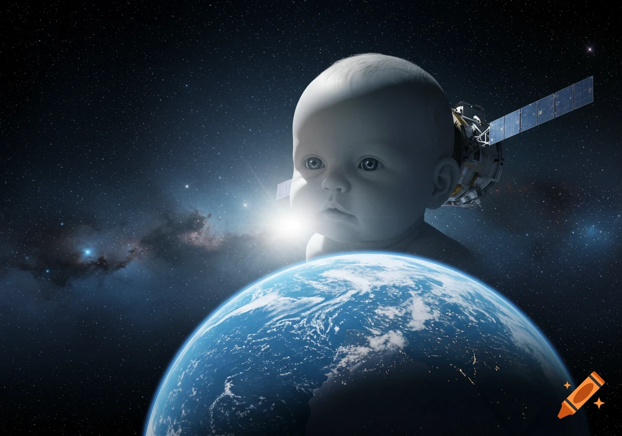 A giant baby's head with a satellite attached to its back, floating above planet Earth in space with a bright sunburst and stars.