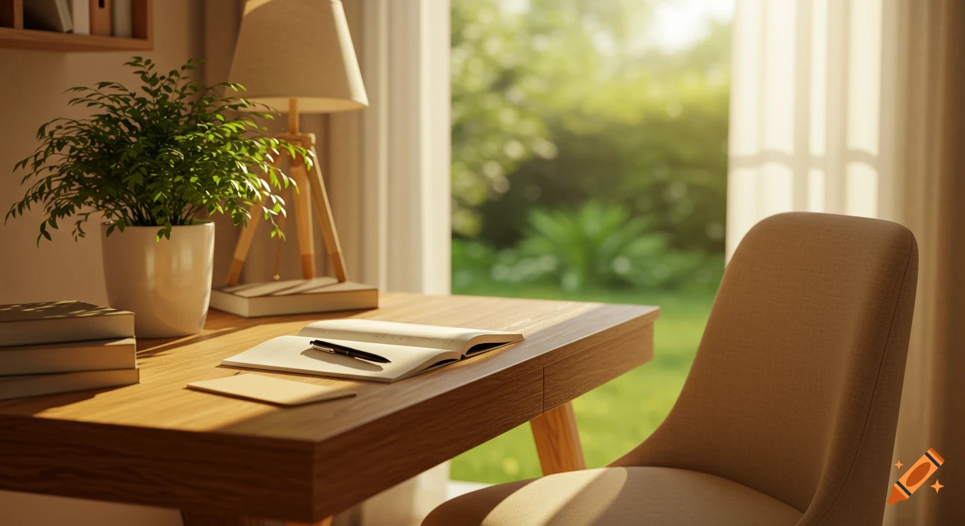A sunlit home office with a wooden desk, potted plant, open notebook, pen, and a beige chair, overlooking a blurred green garden.