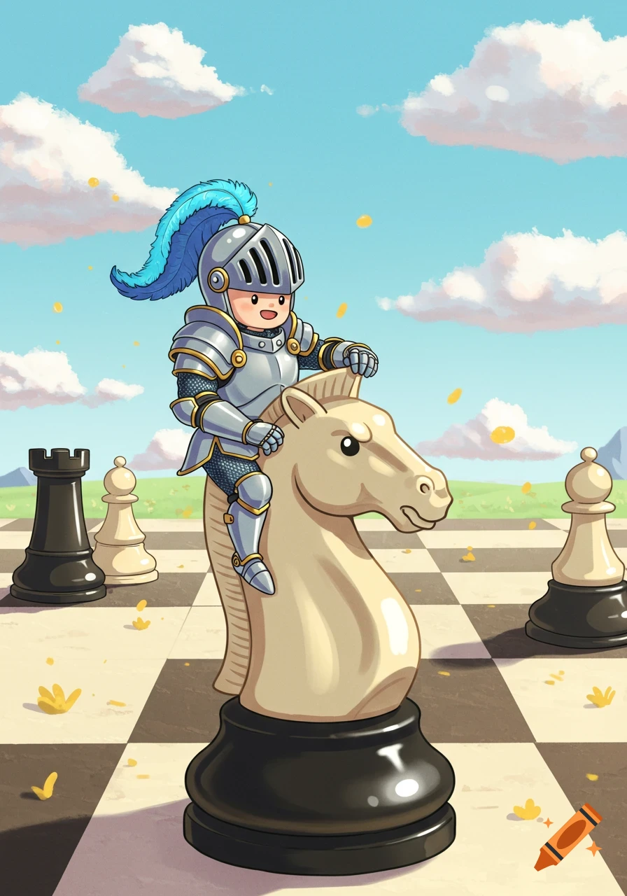 A cute cartoon knight in armor with a blue plume rides a white chess knight piece on a large chessboard under a cloudy sky.