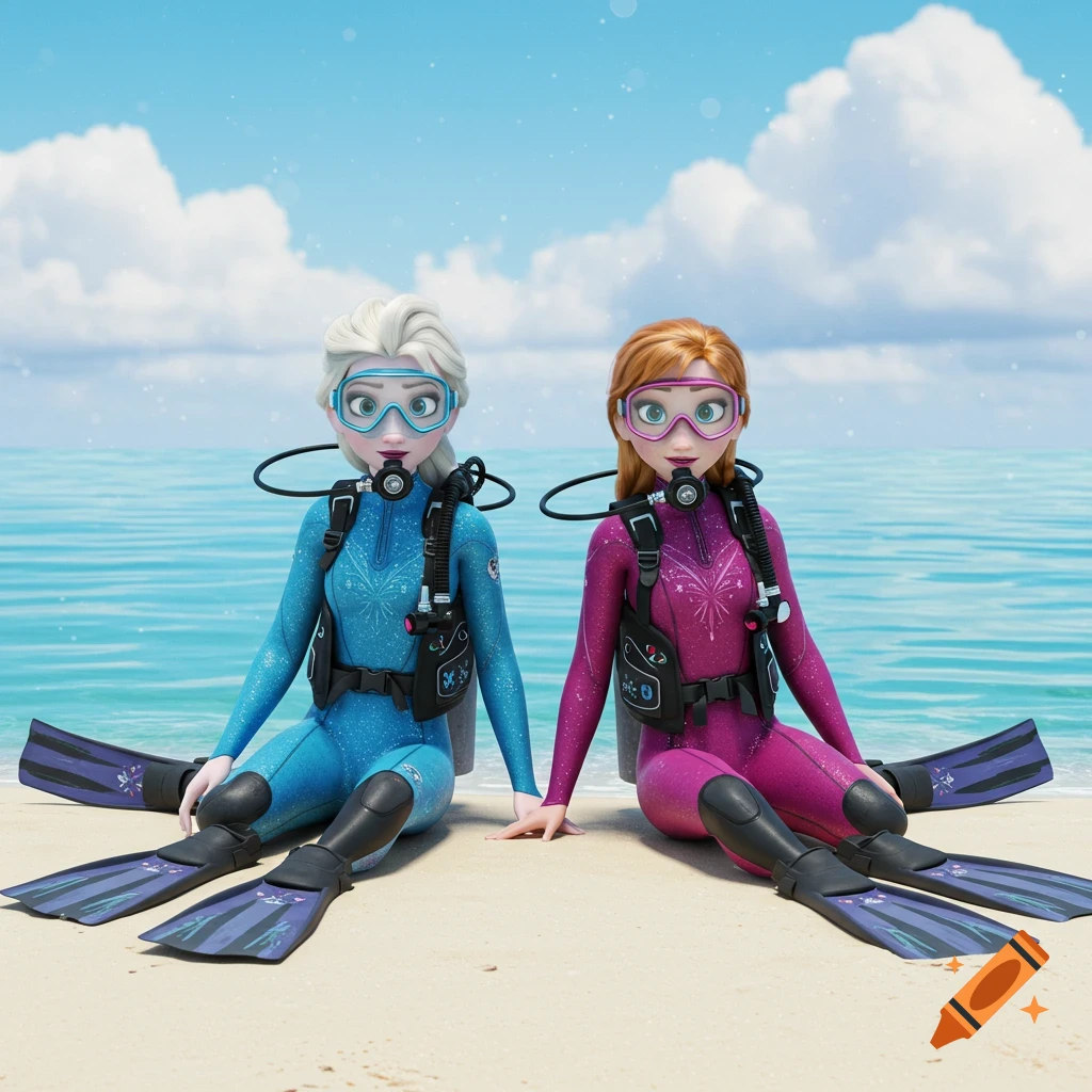Animated Elsa and Anna from Frozen sit on a sandy beach in full blue and pink scuba gear with flippers, facing forward, ocean behind.
