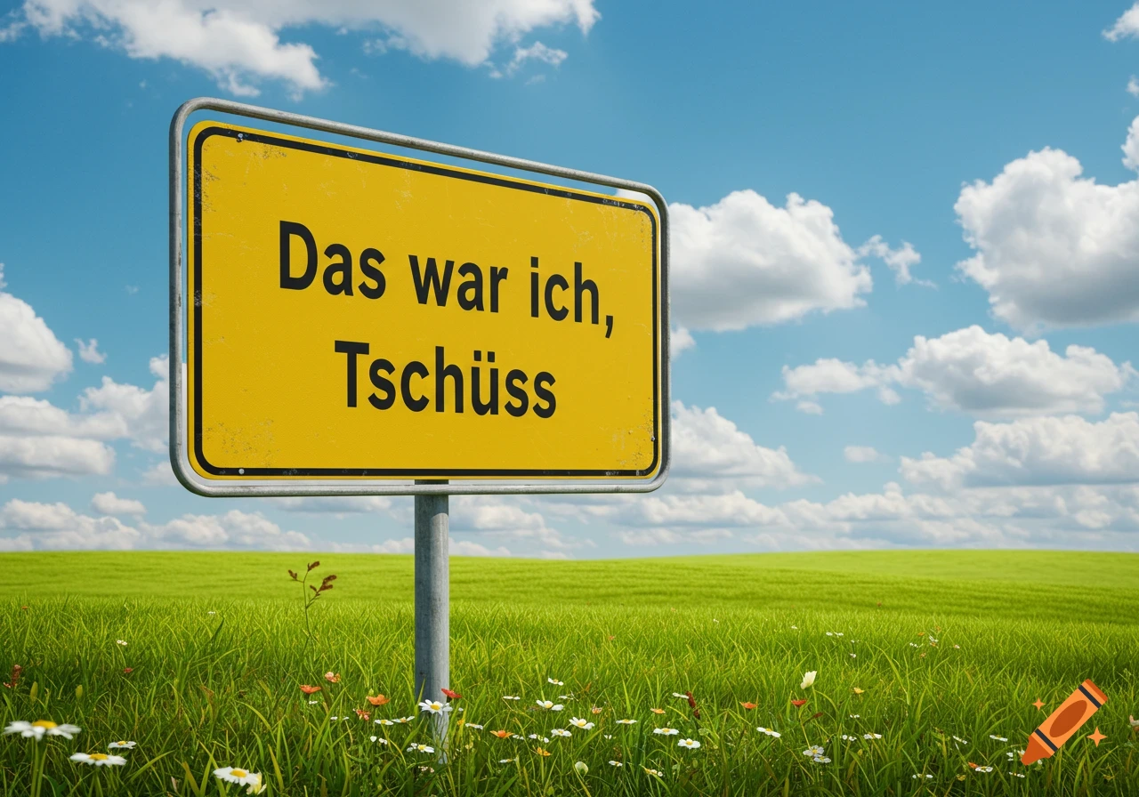 A yellow German town sign in a green field under a blue sky, displaying the text "Das war ich, Tschüss" in black letters.