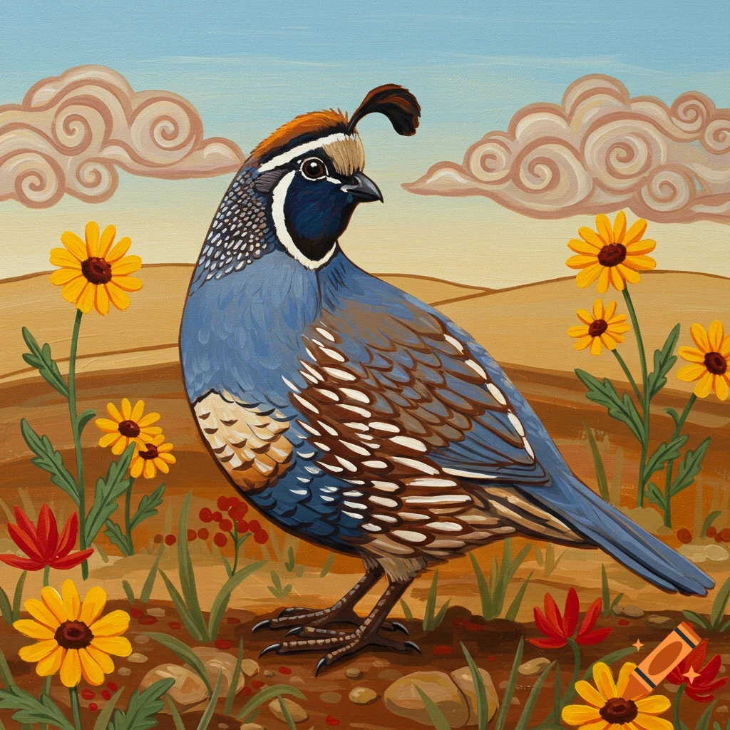 Folk art painting of a colorful California quail standing in a desert landscape with yellow and red wildflowers under a blue sky.