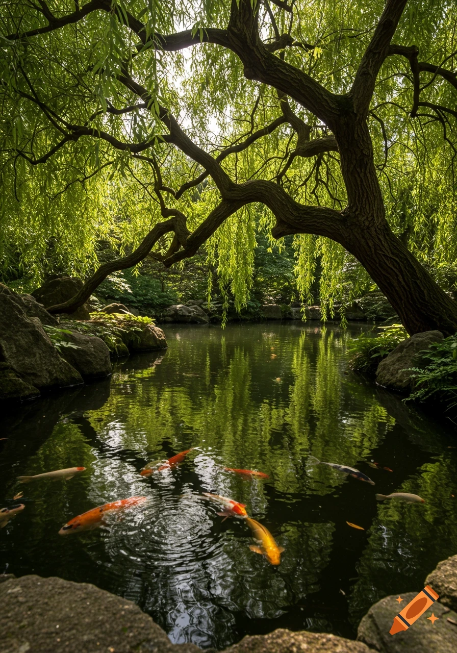 Colorful koi fish swim in a serene pond under the arching branches of a vibrant green weeping willow tree.