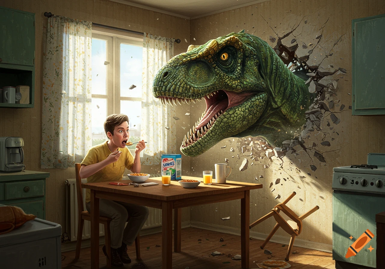 A boy with wide eyes sits at a kitchen table, eating cereal, as a giant T-Rex head bursts through the wall behind him, sending debris flying in a photorealistic style.