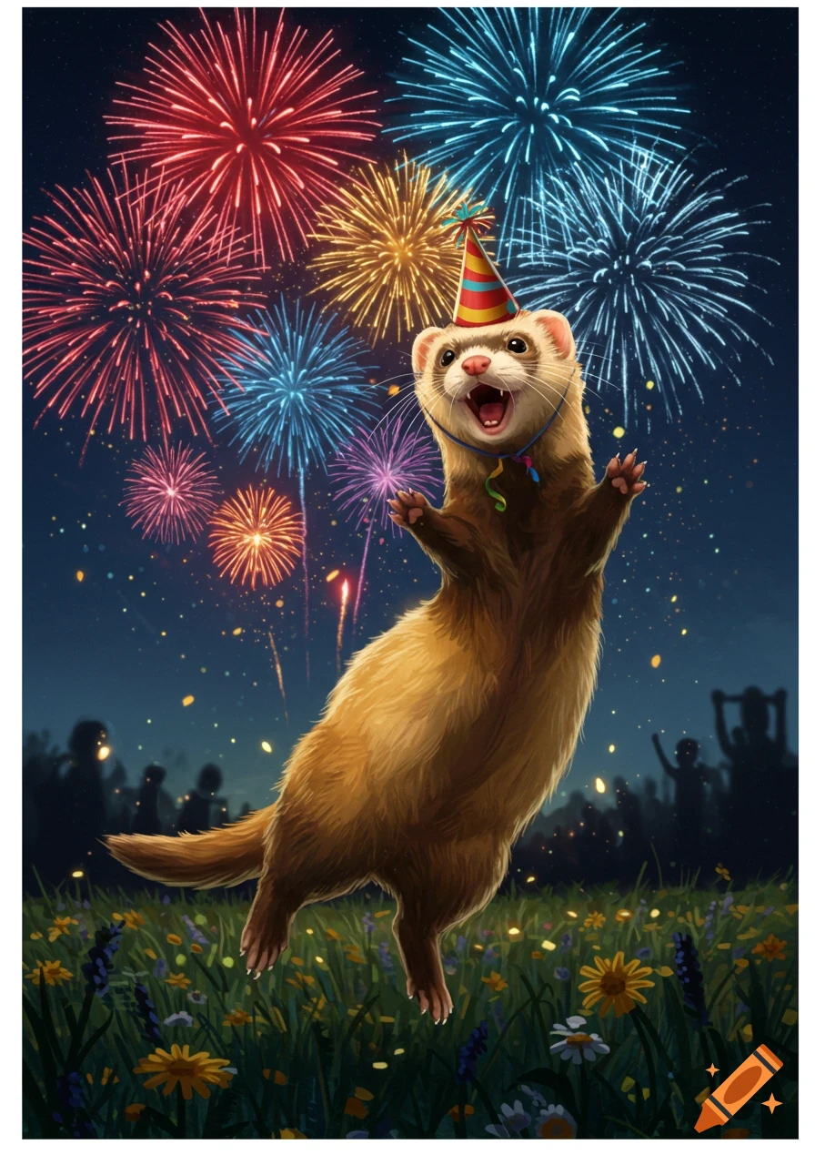 A cheerful ferret in a party hat leaps in a field of wildflowers at night, with colorful fireworks exploding in the sky.