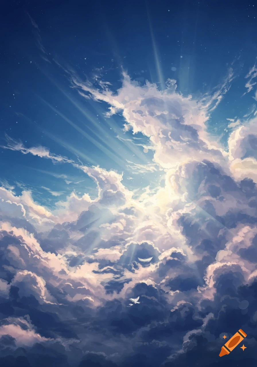 Illustrative view of a bright blue sky filled with sunlit white and purple clouds, with rays of light and two small white birds.