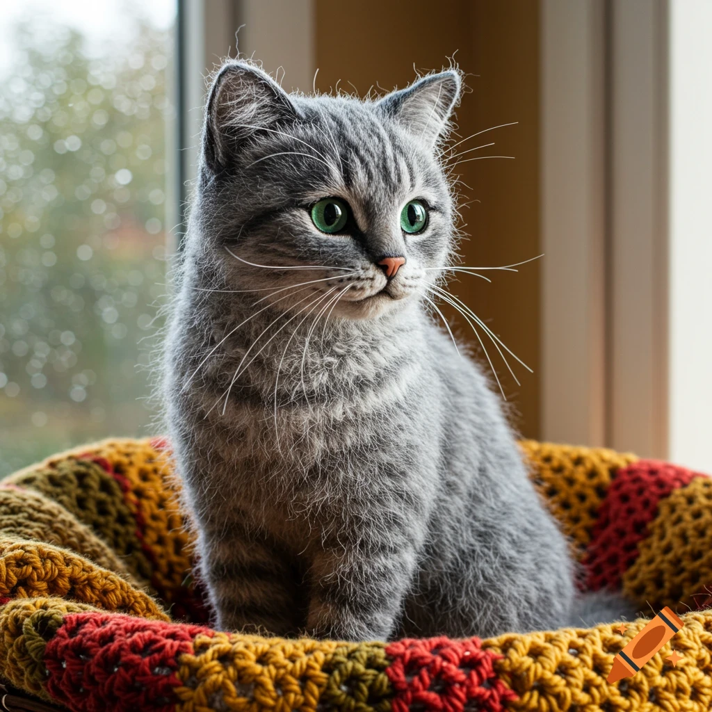 A gray tabby kitten with bright green eyes sits in a colorful red and yellow crocheted basket, looking to the side.