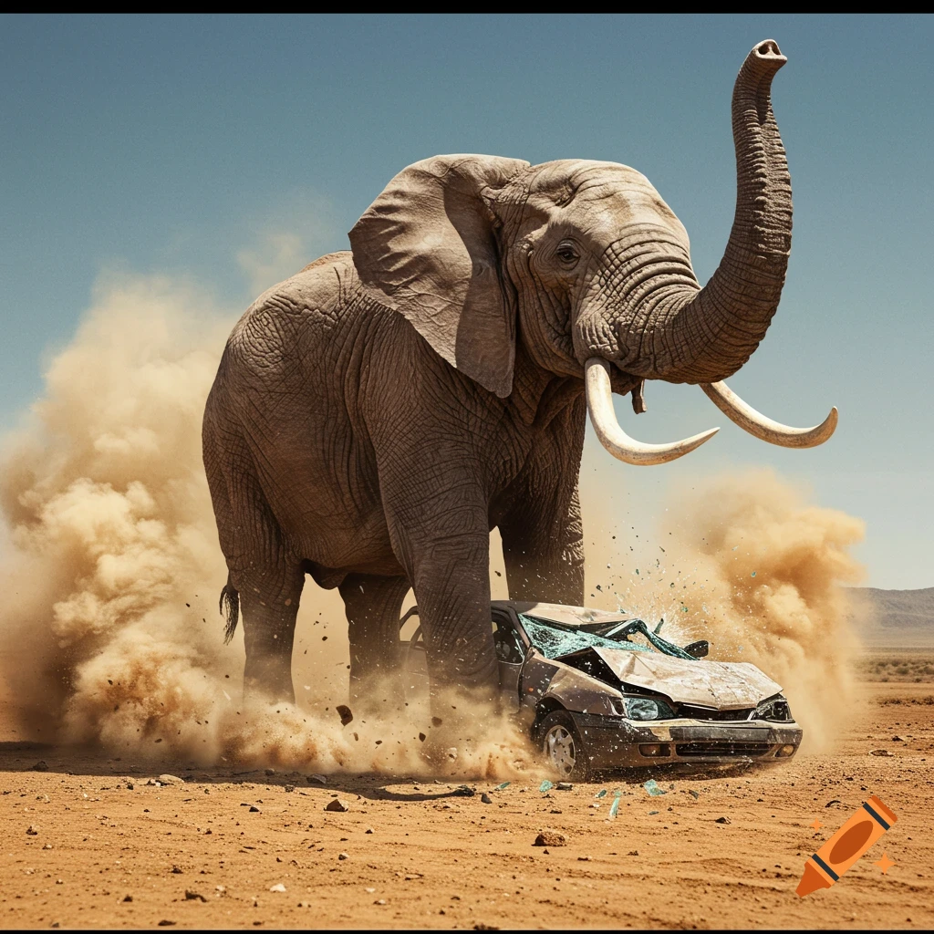 A giant elephant with raised trunk and tusks crushes a brown car in a dusty desert landscape, kicking up dirt and debris.
