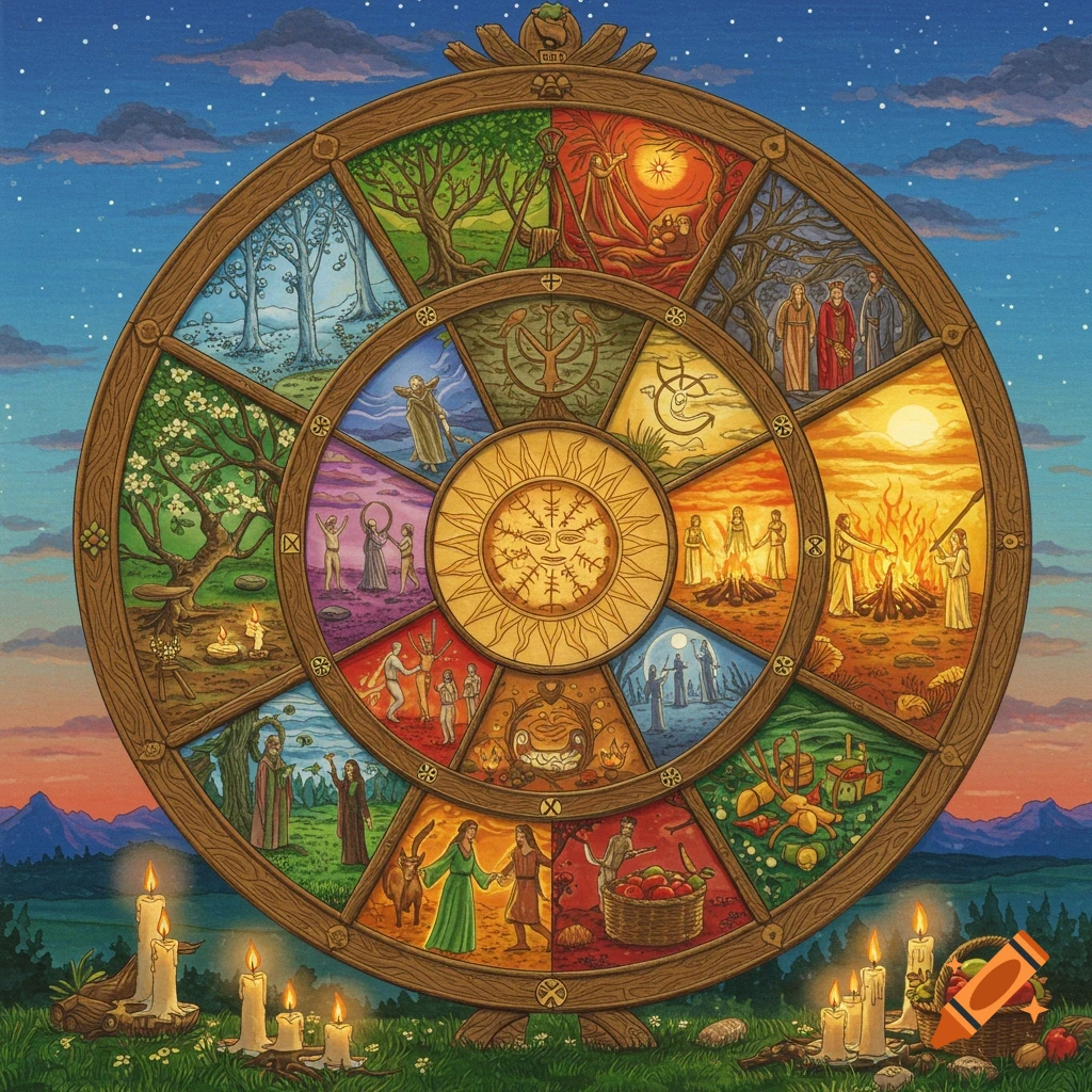 A colorful, intricate wooden Wheel of the Year depicting twelve segments of seasonal festivals and nature scenes under a starry sky.