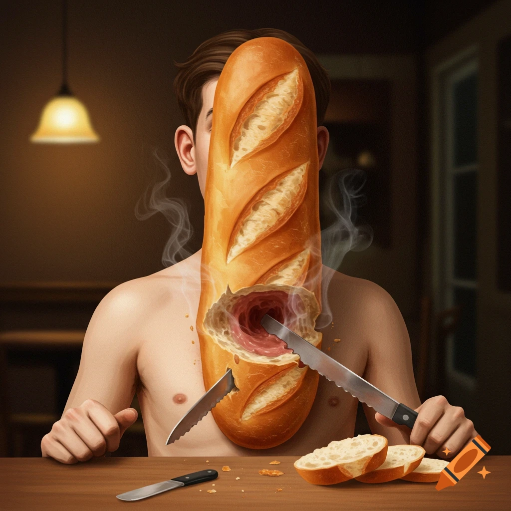 A surreal image of a man with a baguette emerging from his chest, being sliced by a knife to reveal a fleshy interior.